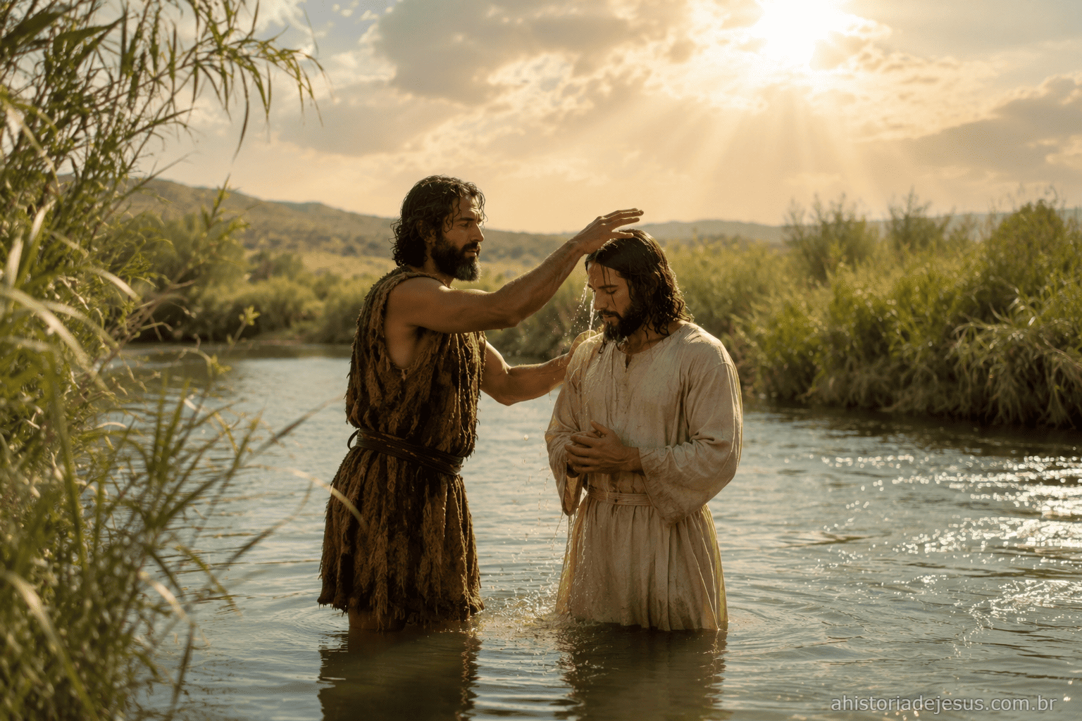 Jesus sendo batizado por João no Rio Jordão
