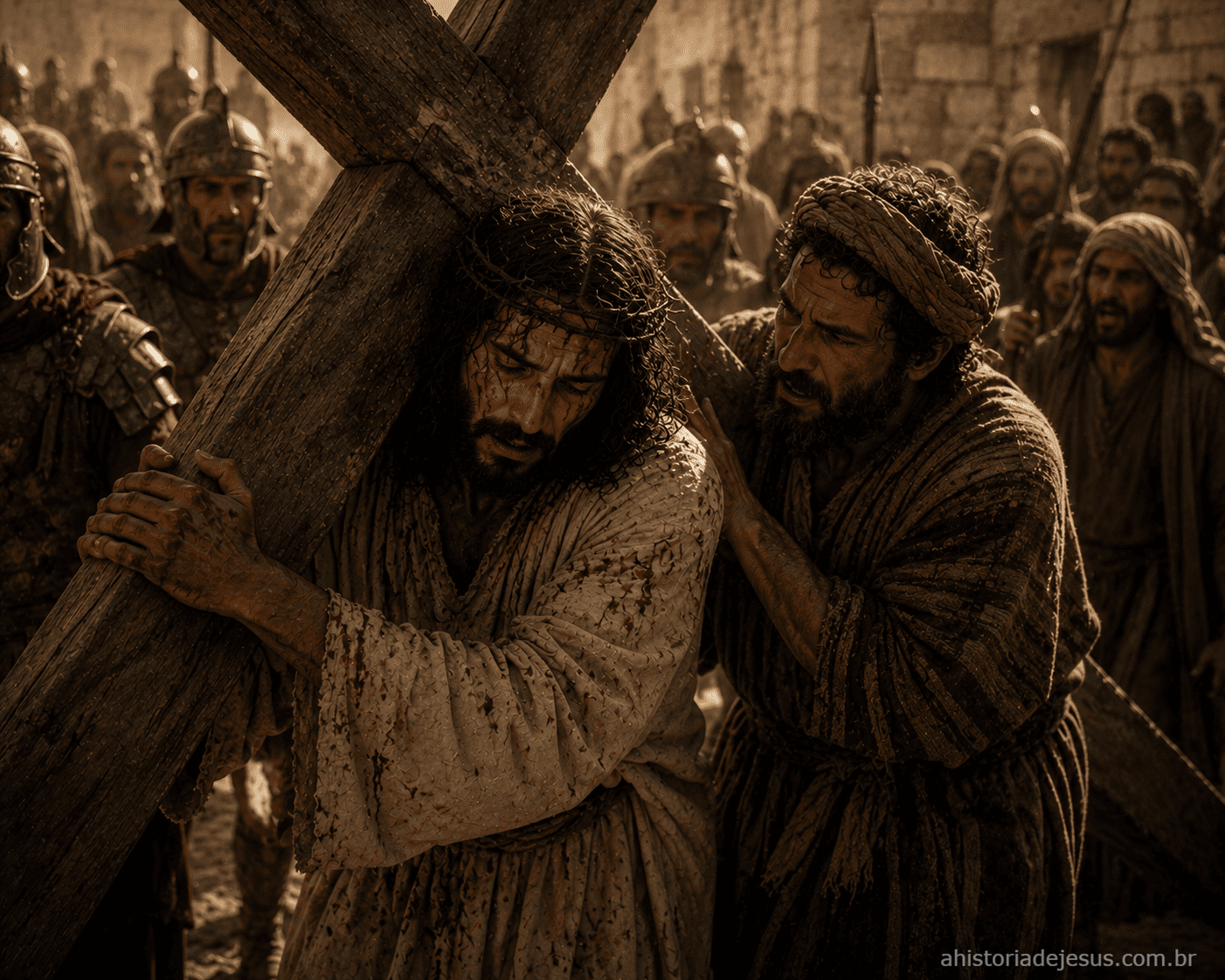 Jesus carregando a cruz com Simão de Cirene