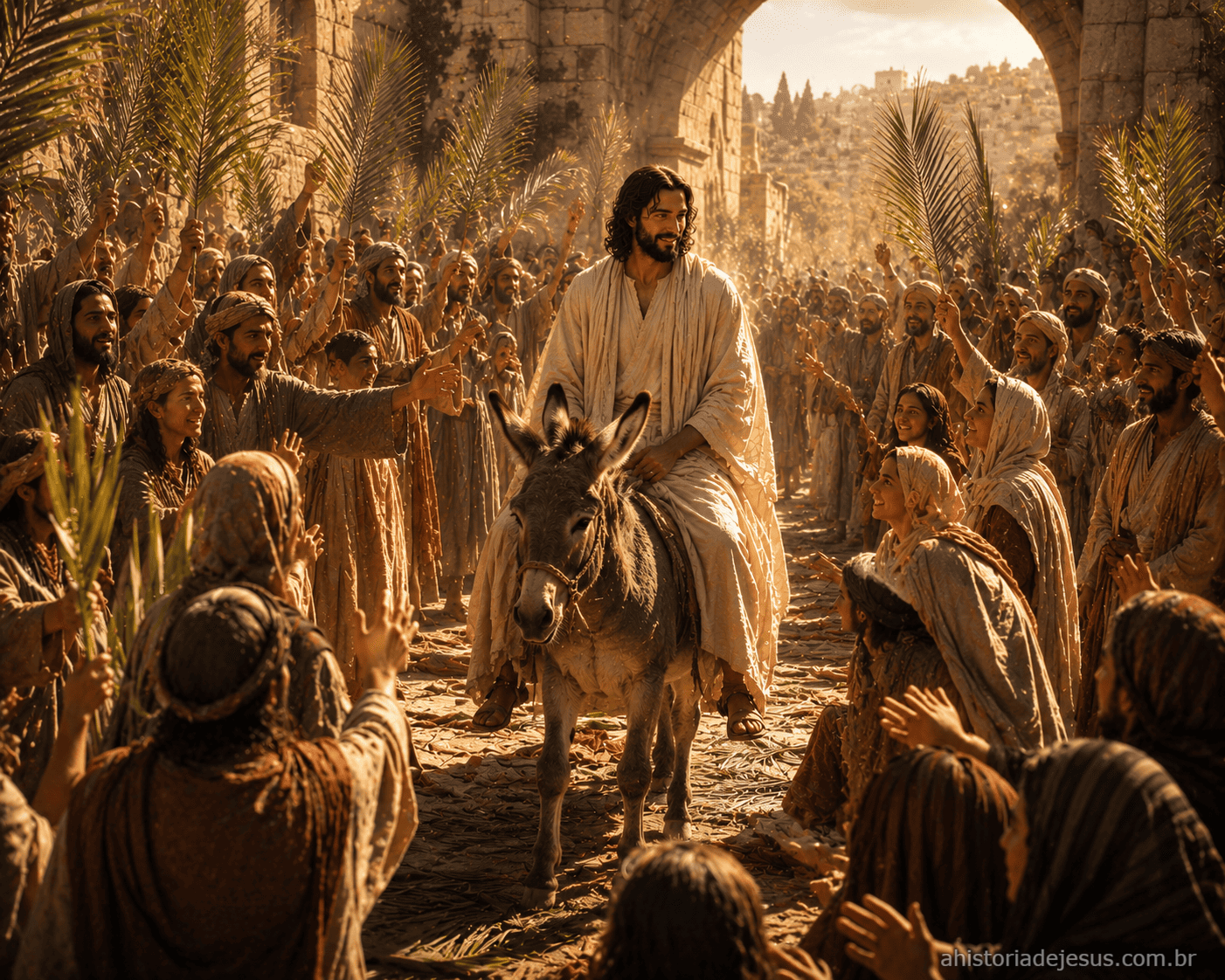 Multidão aclamando Jesus com ramos de palmeiras
