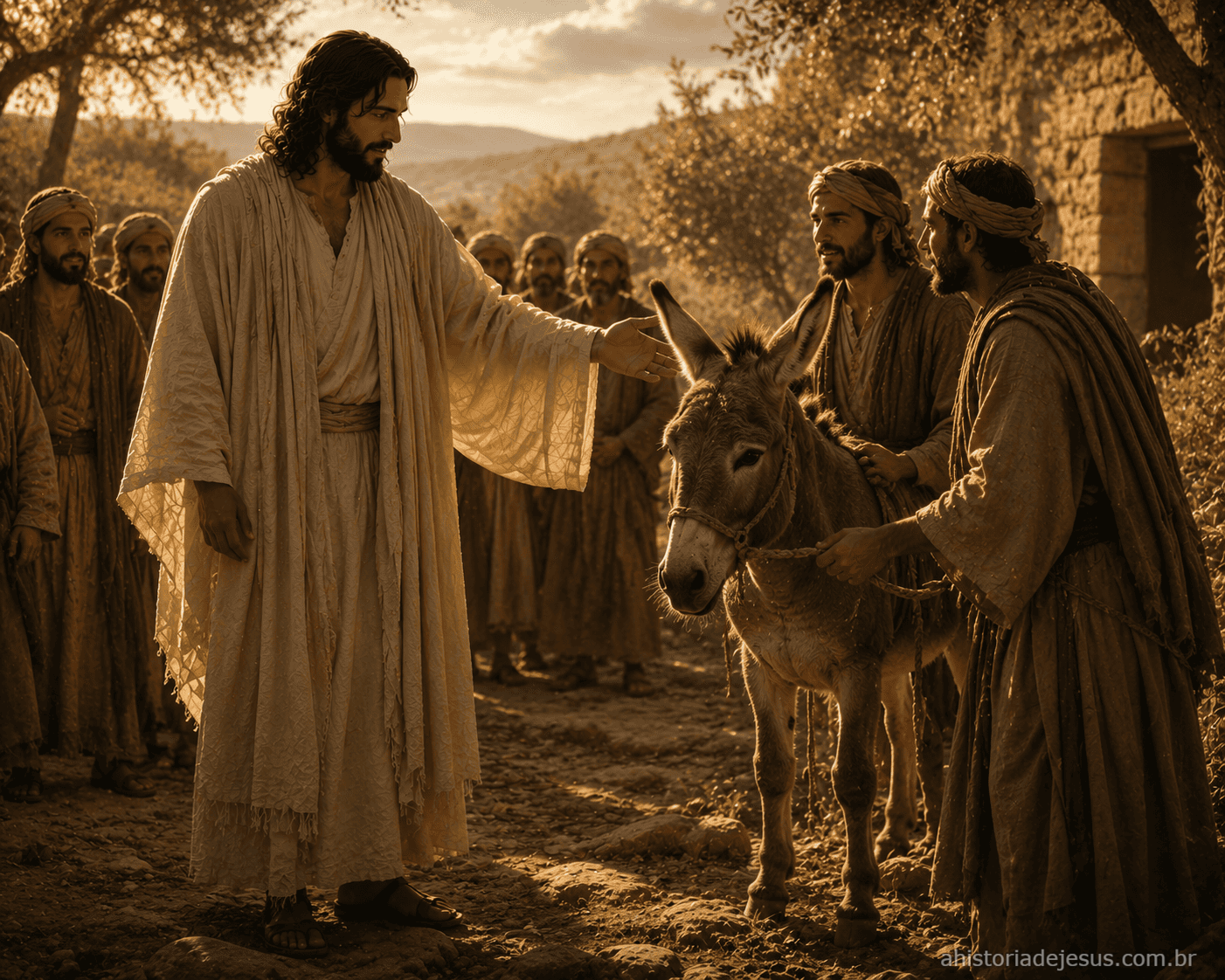 Jesus enviando discípulos para buscar o jumentinho