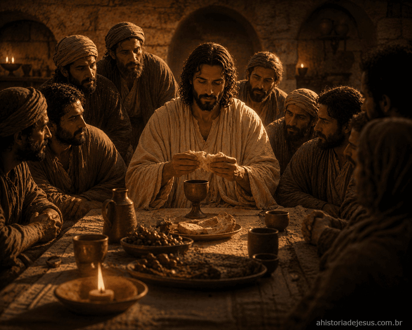 Jesus partindo o pão e abençoando o vinho, instituindo a Nova Aliança